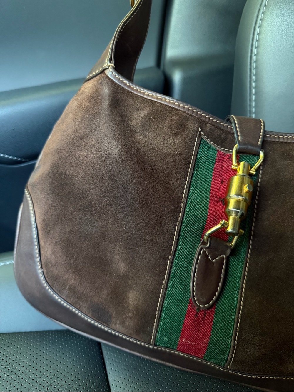 Rare Vintage Gucci Jackie Brown Suede Web Stripe Crossbody Bag - Picture 5 of 16